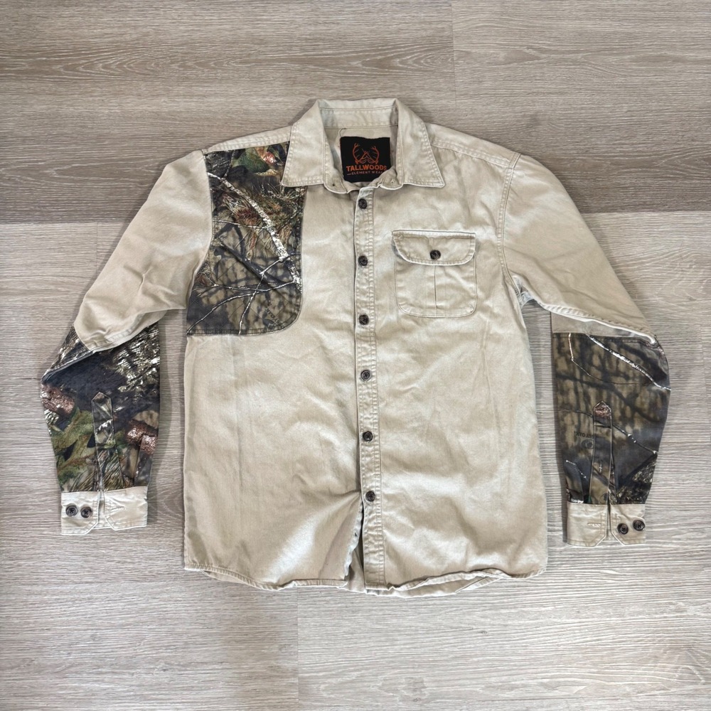 Tallwoods Button Up Shirt Mens Large Tan Mossy Oak Camo Shooting Hunting Patch